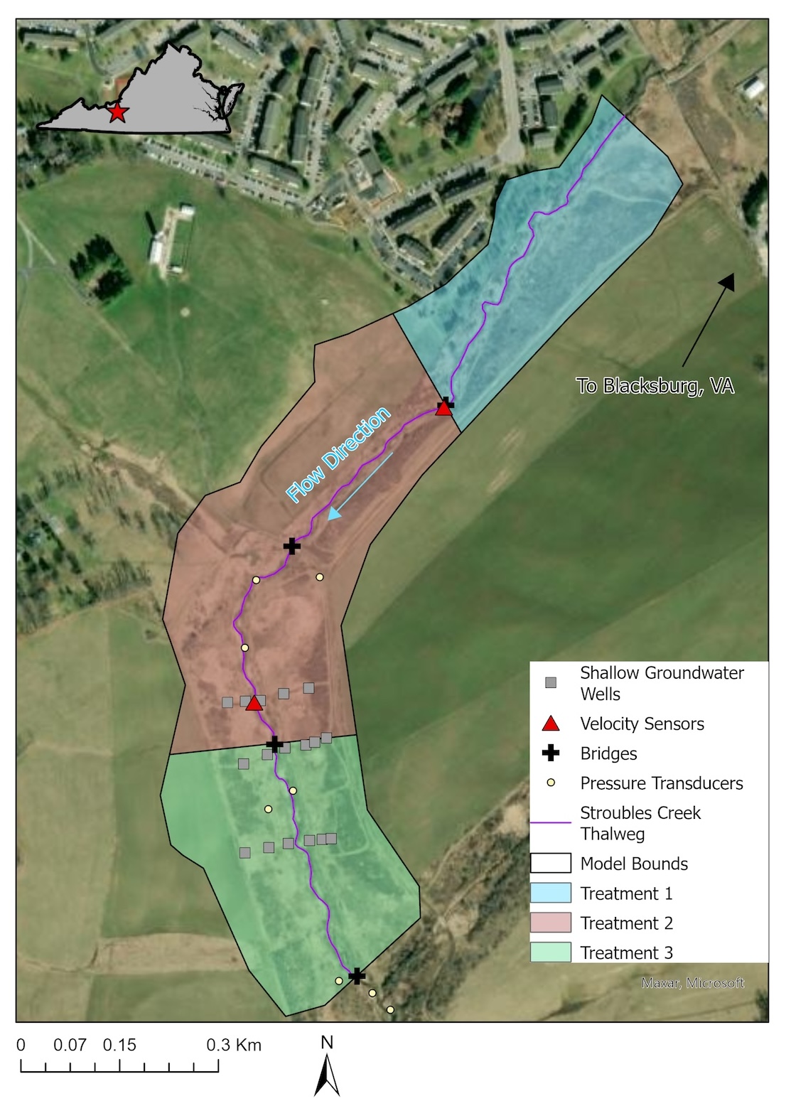 A color satellite map image of the study area of Stroubles Creek, called the Stream Research, Education and Management (StREAM) Lab, in Blacksburg, Virginia, United States. The treatments of restoration are shaded in blue, brown, and green.